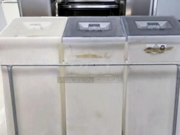 Faribo Ingredient 3-Bin Cart with stainless steel frame and sliding covers, mobile, good condition, fully tested.