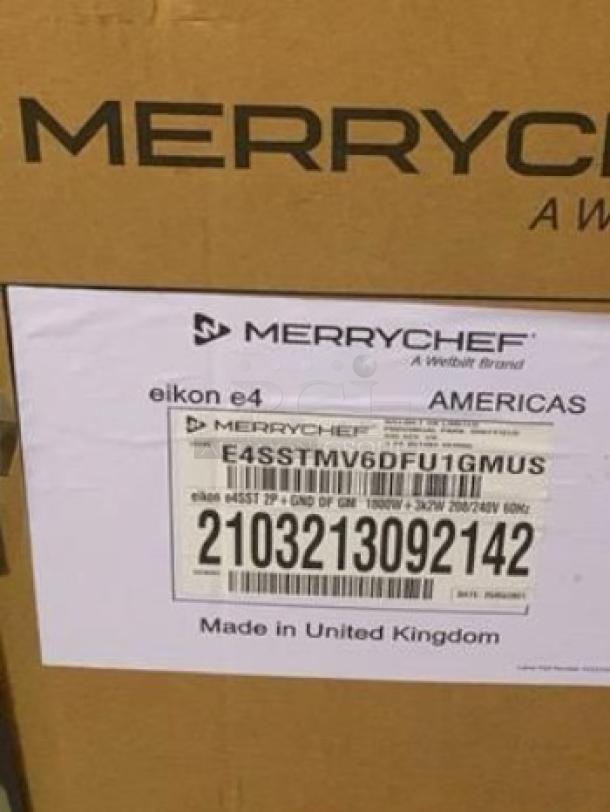 Brand new Merrychef eikon e4 high-speed cooking oven box with model and serial number visible. Made in the UK.