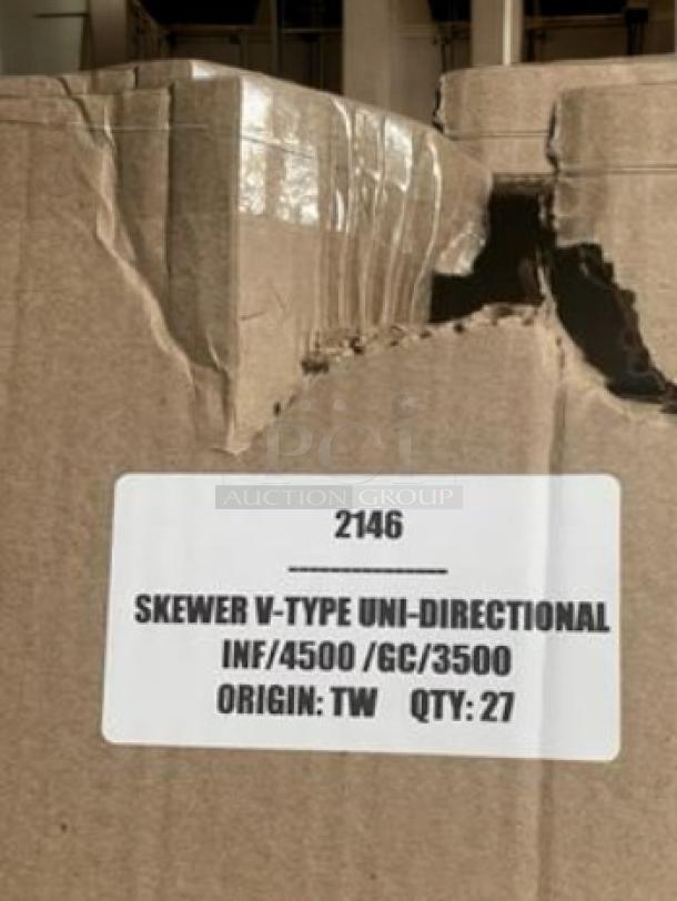 Cardboard box with large tear, label reads "2146 Skewer V-Type Uni-Directional INF/4500/GC/3500 Origin: TW Qty: 27".