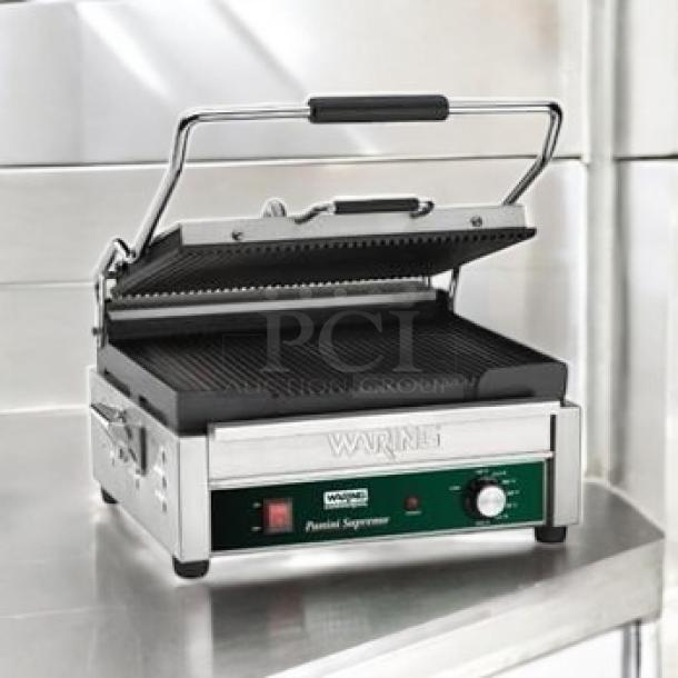 Brand new Waring WPG250 Panini Supremo™, compact grill in box. Factory sealed, 120V, stainless steel, ribbed plates.
