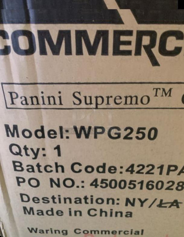 Factory sealed Waring WPG250 Panini Supremo™ Compact Grill box, showing model details and batch information.