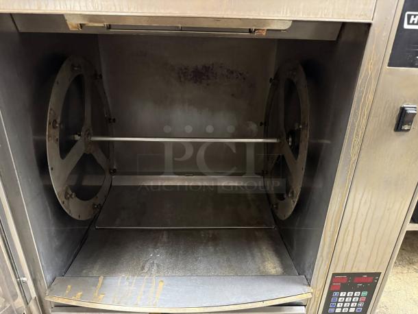 Hobart HR7P electric rotisserie chicken oven, tested and working, interior view showing rotary mechanism, control panel visible.