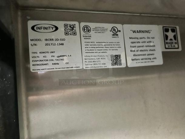 Infinity IBCRR-2D-SSD back bar cooler label showing model, serial number, specs, and safety warnings. Made in USA.