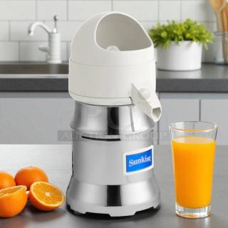 Sunkist J-1 commercial citrus juicer, 115V, 3450 RPM, stainless steel, tested and working, with Sunkist label.