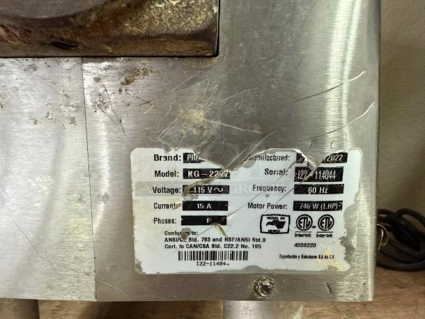 Hudson Procut KG-22-W electric meat grinder, 115V. Good condition, needs front attachment. Visible label with specs and serial.