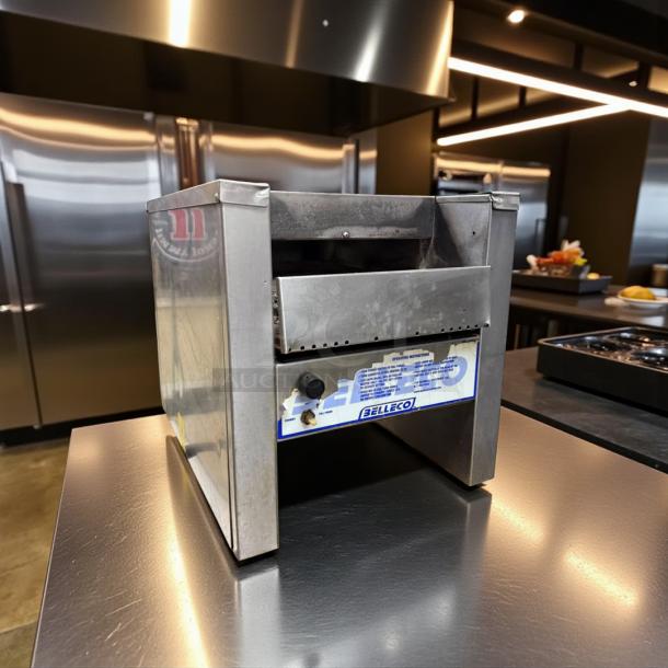 Belleco JT2-B bagel toaster, stainless steel, tested and working condition. Features control knob and Belleco branding.