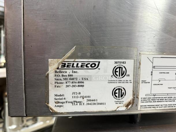 Belleco JT2-B Bagel Toaster, model label showing serial number 1112-1934101, voltage 208/60/1, tested and working.