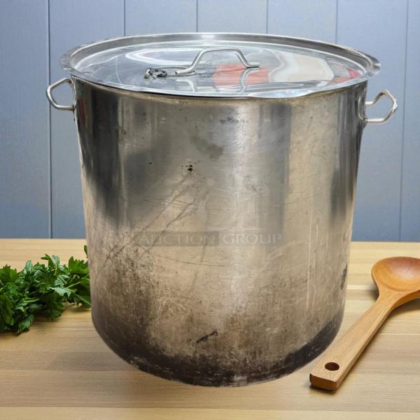 Vollrath 78640 stainless steel 60 qt. stock pot with lid, 20 1/2", quality gauge. Visible wear marks, fitted handles.