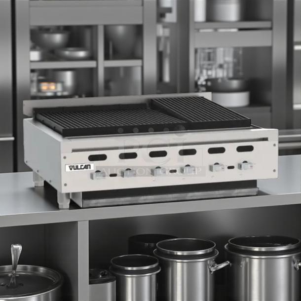 Vulcan VCRG36-M 36" commercial gas charbroiler, excellent condition, natural gas, five control knobs, robust construction.