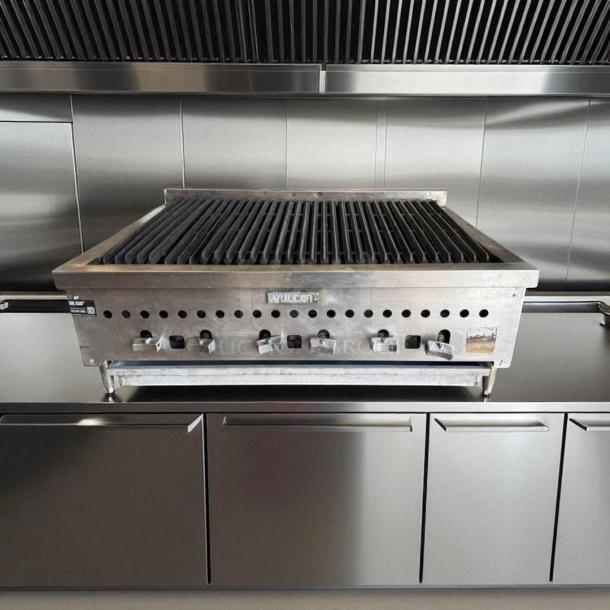 Vulcan VCRG36-M 36" commercial gas charbroiler, excellent condition, natural gas, fully tested, stainless steel.