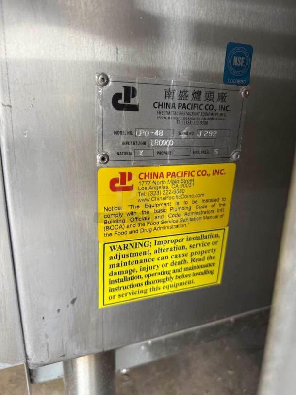 Stainless Steel Chinese BBQ Oven by CHINA PACIFIC CO., INC., Model EQ-36L, featuring left hinge. Tested & working. Item number CPO-48 shown.