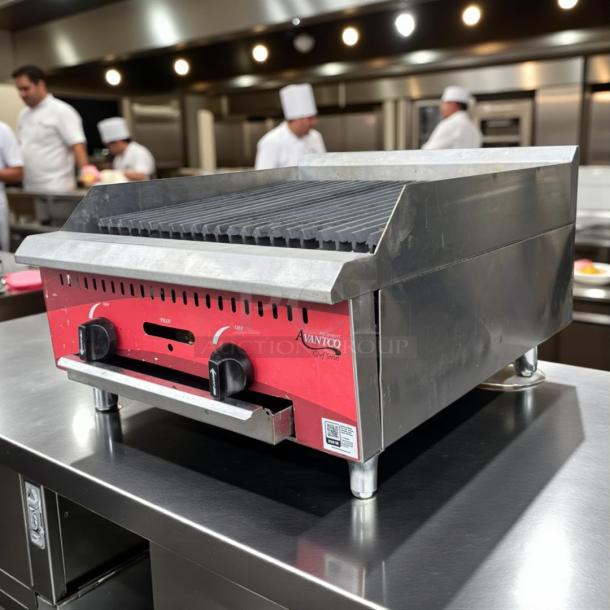 Avantco Chef Series CAG-24-RC 24" gas charbroiler, 60,000 BTU, excellent condition, tested, red controls, stainless steel design.