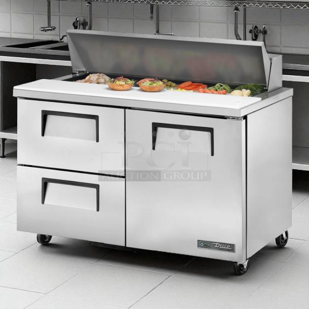 True TSSU-48-12D-2 sandwich/salad prep table, 48-inch, stainless steel, excellent condition, 115V, fully tested and working.