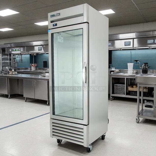 True T-19G-HC 27" glass door reach-in refrigerator in excellent condition, tested and working, on casters.