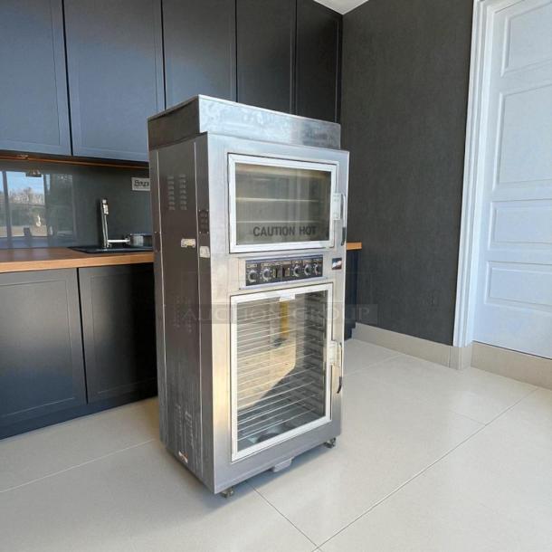 NuVU SUB-123P double deck electric oven proofer combo, 120/240V, 3 phase, awesome condition, "Caution Hot" label visible.