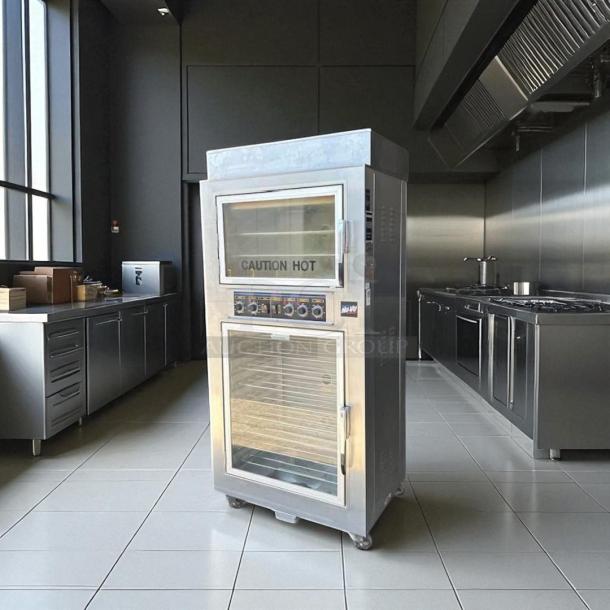 NuVU Model SUB-123P Double Deck Oven Proofer Combo, stainless steel, 120/240V, 3 Phase, "Caution Hot" displayed, excellent condition.