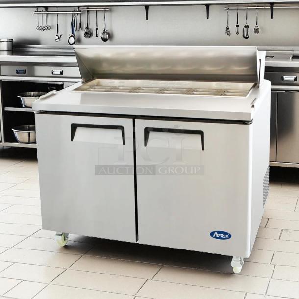 Atosa MSF8302 2-Door Salad Prep Table Refrigerator in excellent condition. Fully tested, operational, stainless steel.