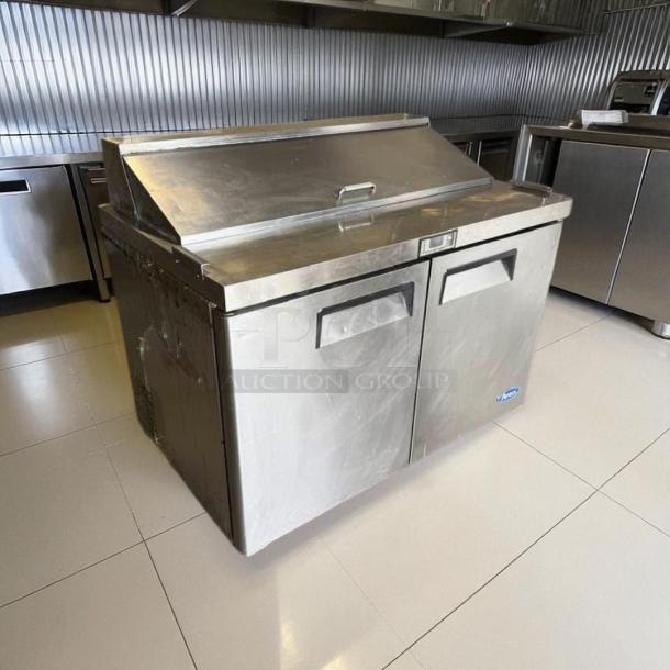 Atosa MSF8302 2-door salad prep table refrigerator in excellent condition, fully tested, stainless steel finish.