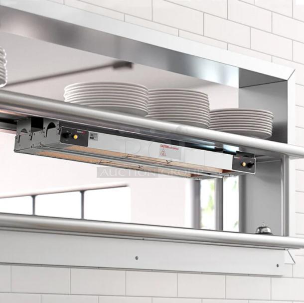 Brand new ServIt 36" strip warmer, single toggle control, 120V, 850W, installed in kitchen setting.