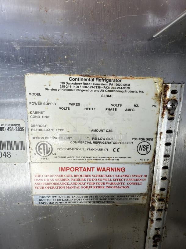 Label on Continental SW60-16C Sandwich/Salad Prep Unit indicating model, serial, and maintenance instructions.