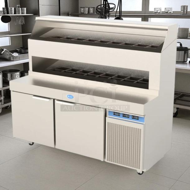 "Randell 8272D-290 72-inch dual sided pizza prep table with refrigerated base, tested and working, in excellent condition."
