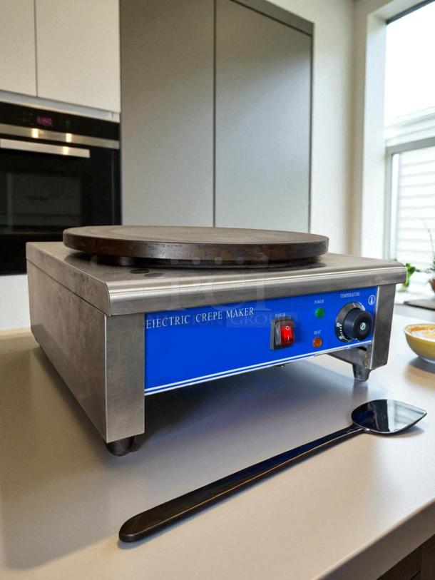 Model Italy HE-1E Electric Crepe Maker, 110V, 1500W, in excellent condition. Tested and working. Blue control panel.