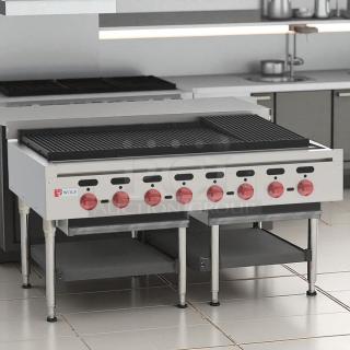 Wolf Gas Charbroiler, heavy-duty countertop model, 120V ignition, excellent condition, tested and working, red control knobs.