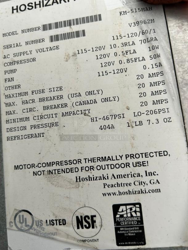 Hoshizaki KM-515MAH ice maker label, showing specifications and certifications. Model and serial numbers included.