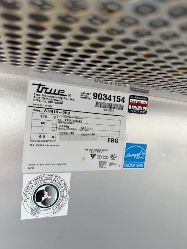 True STA1R-2HS Spec Series refrigerator label, model number, serial number, energy star rating, and specifications visible.