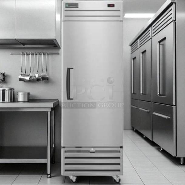 Economy EF1A-FS single door commercial freezer in excellent condition, 115V, fully tested, stainless steel finish.