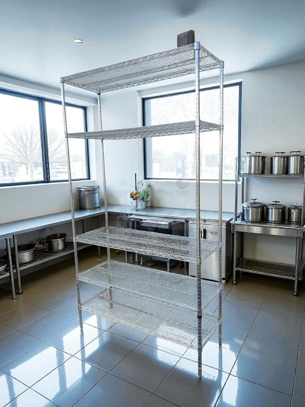 GSW wire shelving unit with five shelves in excellent condition, ideal for storage. Durable metal construction, spacious design.