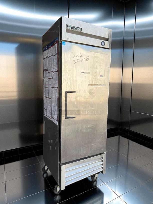 True T-23-HC 23 cu.ft stainless steel reach-in refrigerator, excellent condition, tested working, with labels on the side.