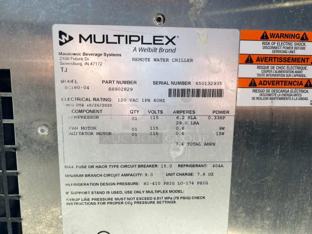 Alt text: Multiplex Super Chill Water Chiller MODEL SC180-04 label, details specs like 120VAC, 1PH, 60Hz, and warnings.