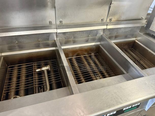 Pitco SELV14C-3 electric fryer system, three units with Intellifry controls. Stainless steel, 90 lb. capacity, tested, working.