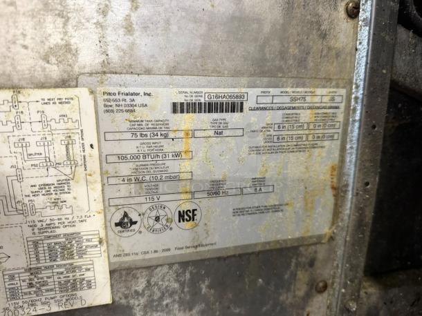 Pitco SELV14C-3 electric fryer system label showing model, capacity, and certifications. Visible wear, but tested working.