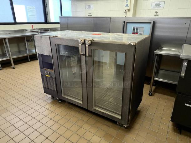 Glastender C2FB60 silver back bar refrigerated cabinet with 2 glass doors, tested and working, in good condition.
