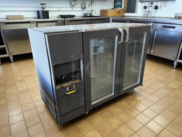 Glastender C2FB60 silver 2-door glass refrigerated back bar cabinet, tested and working, in good condition.