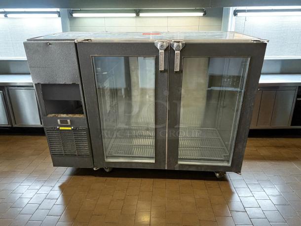 Glastender C2FB60 two-door refrigerated back bar cabinet, silver, glass fronts, tested, in working condition.