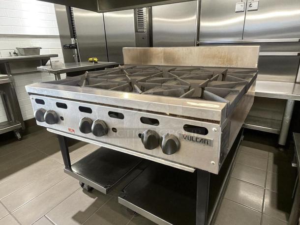 Vulcan VHP636-1 countertop gas hotplate with 6 burners, 180,000 BTU, excellent condition, fully tested, stainless steel finish.