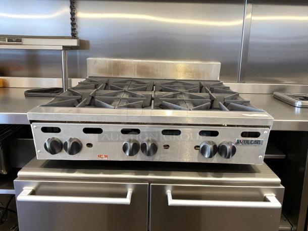 Vulcan VHP636-1 countertop gas hotplate, 6 burners, 180,000 BTU, excellent condition, fully tested, Vulcan branding visible.