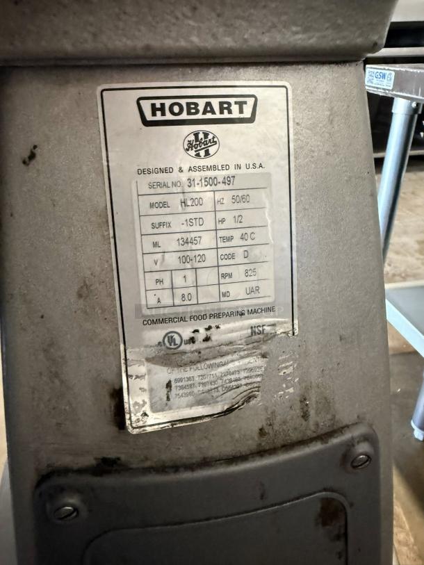 Hobart A200 20 QT Dough Mixer, 115V, Single Phase. Tested, working. Features original Hobart label with model details.