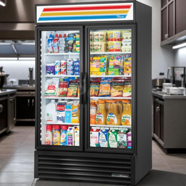 True GDM-43-HC~TSL01 merchandiser, 47 1/8", two-section glass doors, white, great condition, 115v, tested and working.