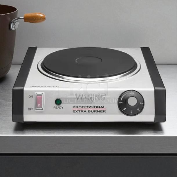Waring WEB300 single burner countertop range, 1300W, in great condition with control knob, on/off switch, and "Ready" indicator.
