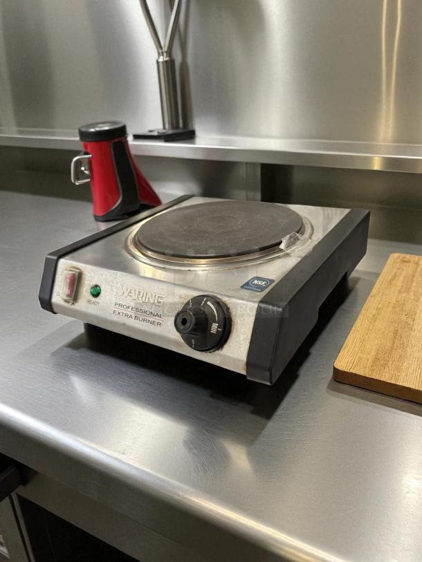 Waring WEB300 single burner range, 1300W, solid top, great condition, tested working, stainless steel, ready light visible.