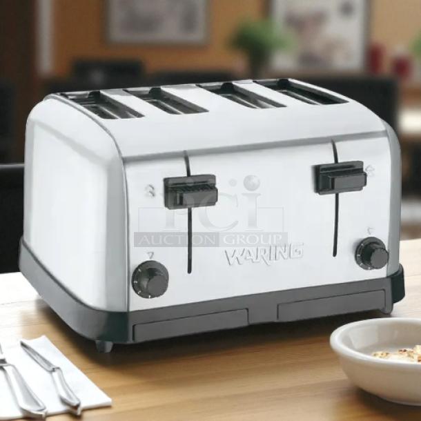 Waring Commercial WCT708 four-slice toaster, 1800W, excellent condition, fully tested, chrome finish, dual controls.