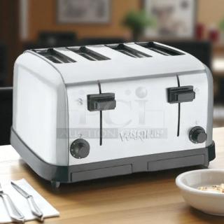 Waring Commercial WCT708 four-slice toaster, 1800W, excellent condition, fully tested, chrome finish, dual controls.