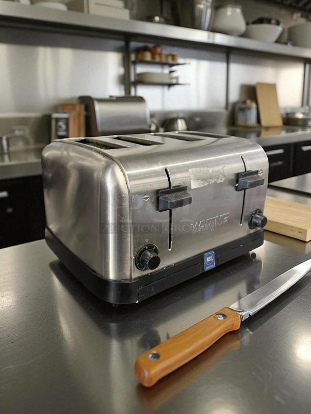 Waring Commercial WCT708 four-slice toaster, 1800W, stainless steel, excellent condition, visible controls, NSF-certified.