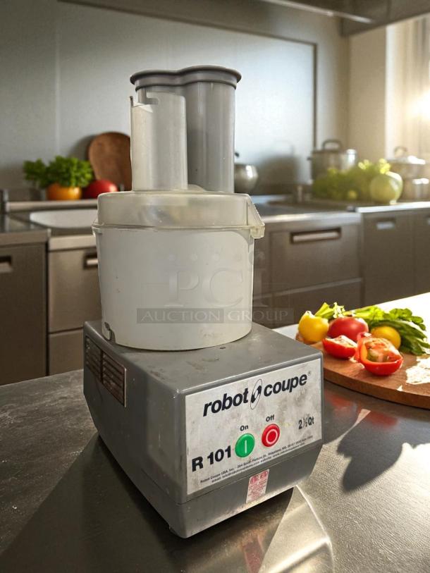 Robot Coupe R101 food processor, excellent condition, 2 Qt. clear batch bowl, vegetable prep lid, 5 discs, tested working.