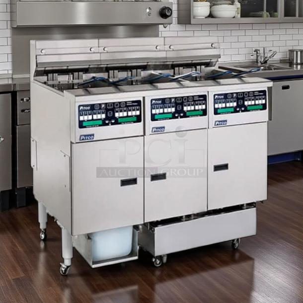Pitco SELV14C-3/FDA 3-unit electric fryer, 90 lb. capacity, Intellifry controls, automatic top-off, tested and working.