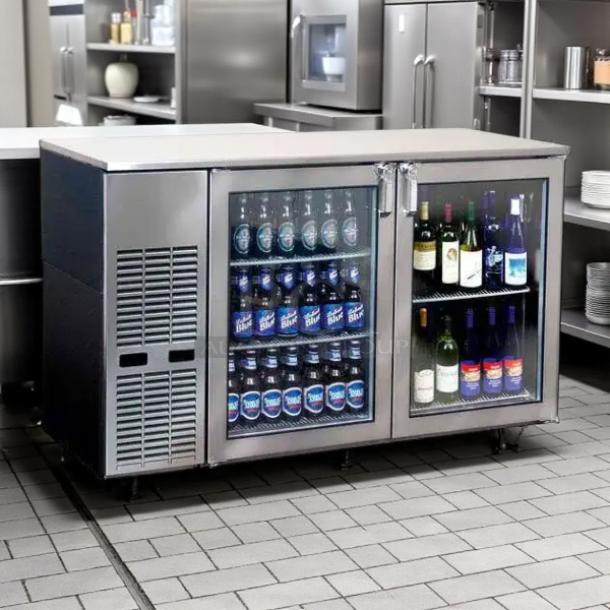 Glastender C2FB60 silver 2-door refrigerated back bar cabinet, glass doors, stocked, tested, excellent condition.